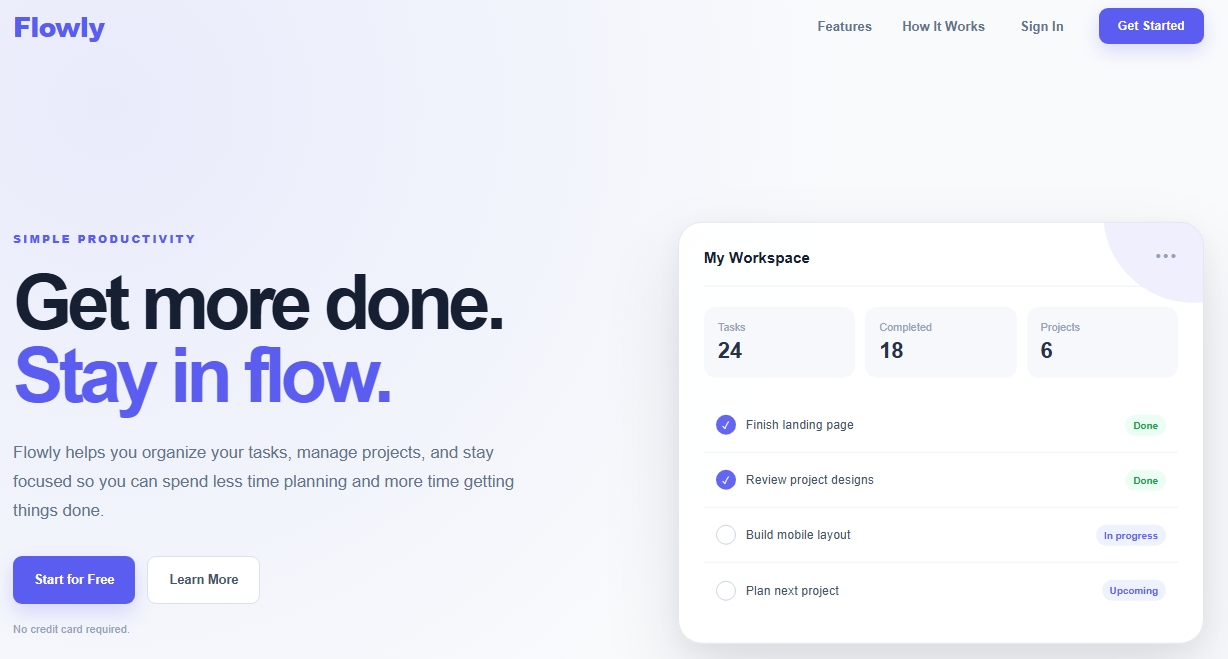 Preview of the Flowly landing page